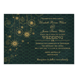 Gold 
and Green Snowflakes Winter Wedding Invitations 